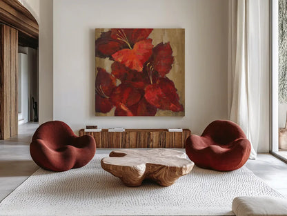 Vivid Red Gladiola on Gold Crop by Silvia Vassileva. Shown as extra-large giant wall art in a modern living room. Available as an archival giclee rolled canvas, fine art paper, or poster print. SKU 15039a.