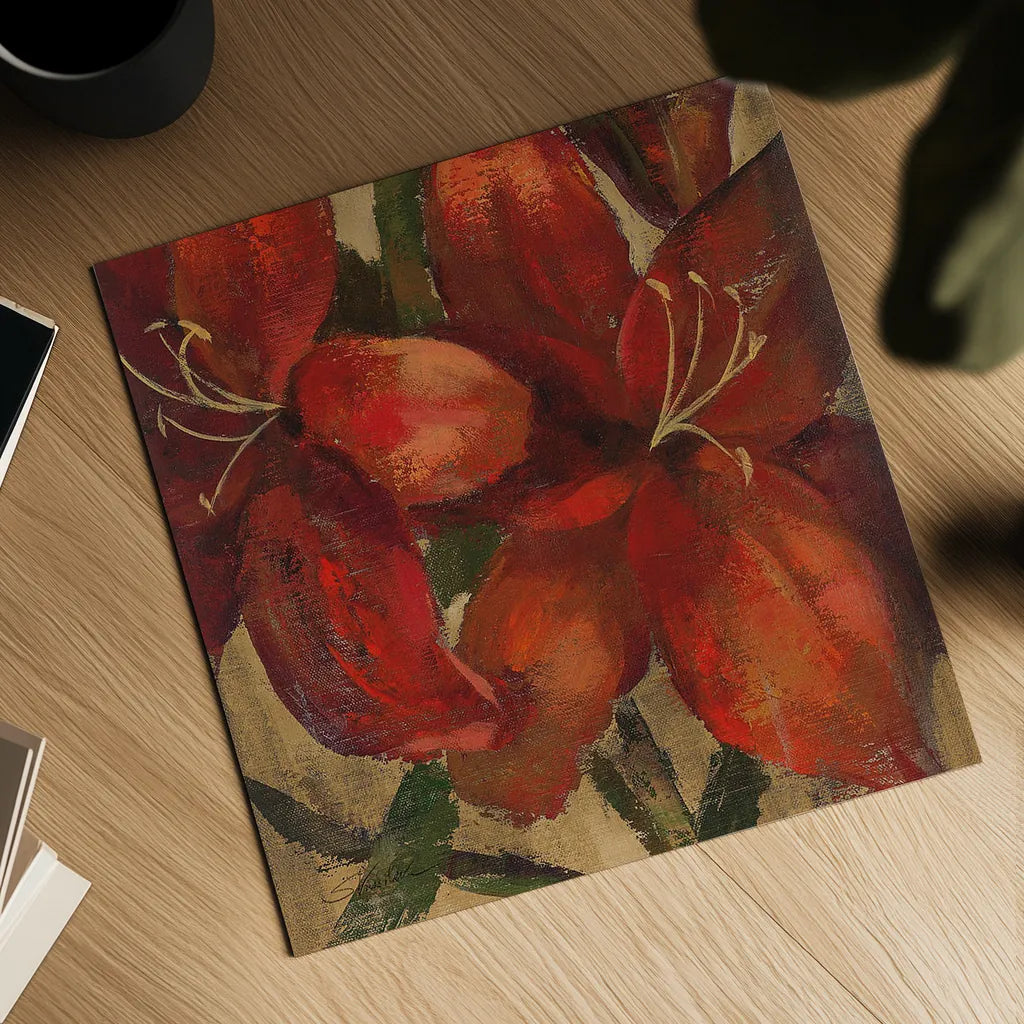 Vivid Red Lily on Gold Crop by Silvia Vassileva. Shown as a detailed flat fine art print, highlighting archival giclee quality. Available as an archival giclee rolled canvas, fine art paper, or poster print. SKU 15040a.