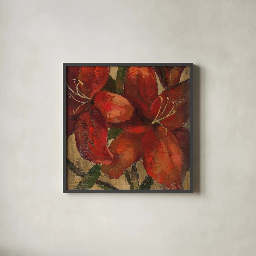 Vivid Red Lily on Gold Crop by Silvia Vassileva. Shown in a sleek black glass frame for a contemporary gallery look. Available as an archival giclee rolled canvas, fine art paper, or poster print. SKU 15040a.