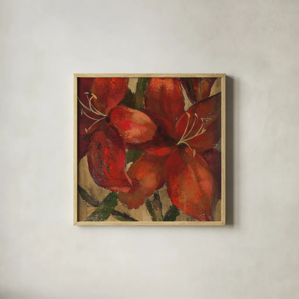 Vivid Red Lily on Gold Crop by Silvia Vassileva. Shown in a natural wood glass frame for a timeless modern aesthetic. Available as an archival giclee rolled canvas, fine art paper, or poster print. SKU 15040a.