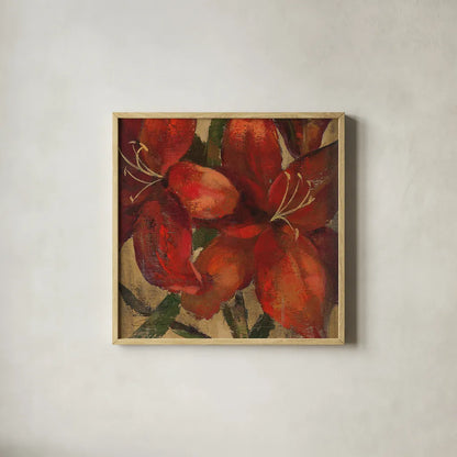 Vivid Red Lily on Gold Crop by Silvia Vassileva. Shown in a natural wood glass frame for a timeless modern aesthetic. Available as an archival giclee rolled canvas, fine art paper, or poster print. SKU 15040a.