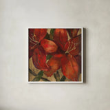 Vivid Red Lily on Gold Crop by Silvia Vassileva. Shown in a crisp white glass frame for a clean and minimalist style. Available as an archival giclee rolled canvas, fine art paper, or poster print. SKU 15040a.