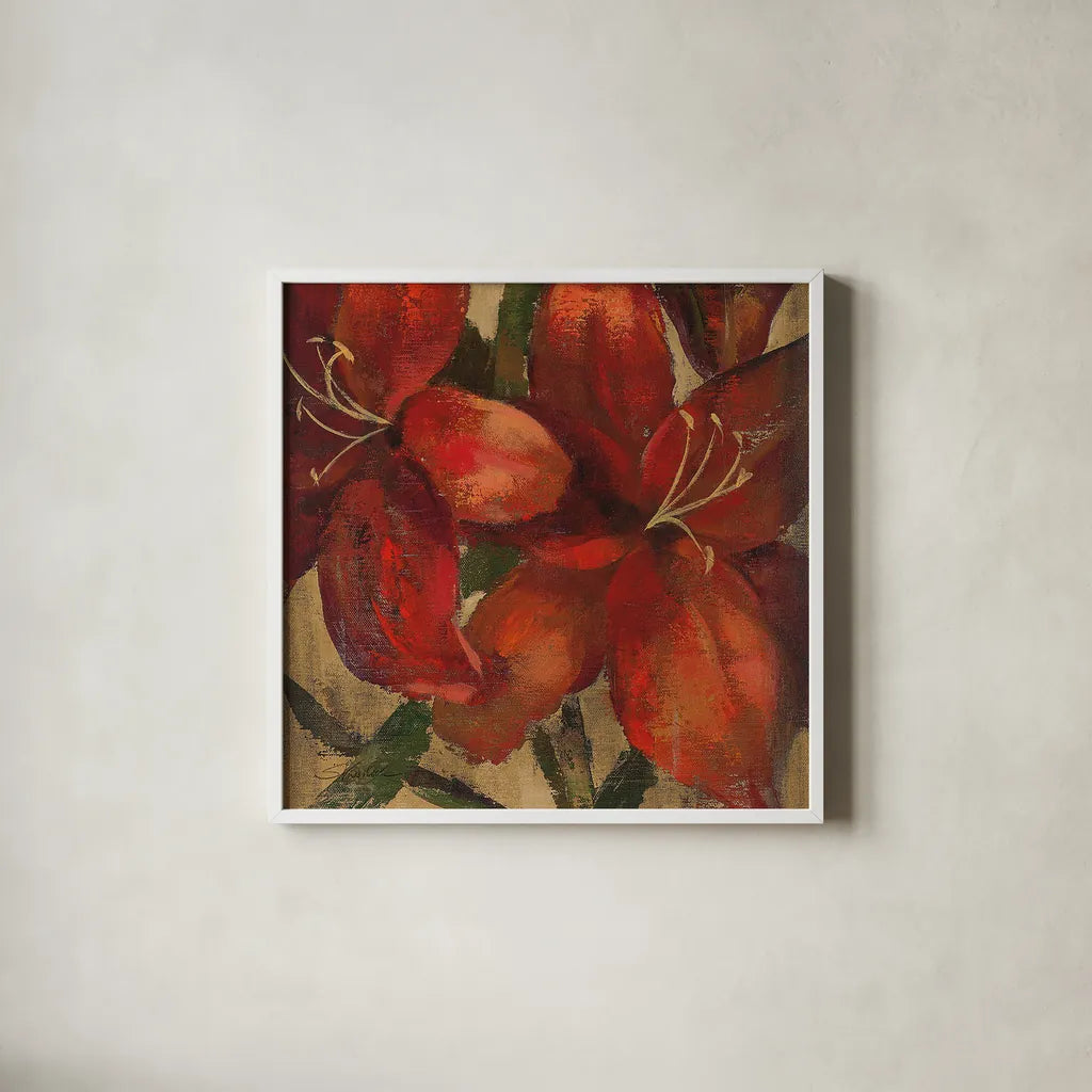 Vivid Red Lily on Gold Crop by Silvia Vassileva. Shown in a crisp white glass frame for a clean and minimalist style. Available as an archival giclee rolled canvas, fine art paper, or poster print. SKU 15040a.