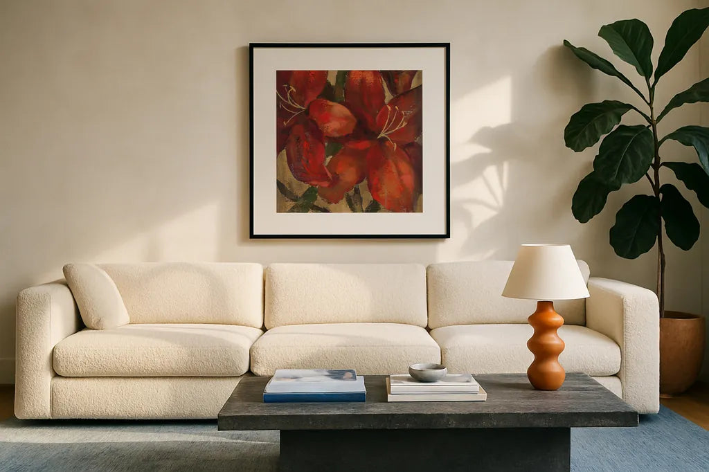 Vivid Red Lily on Gold Crop by Silvia Vassileva. Displayed in a glass frame with matte in a clean modern living room. Available as an archival giclee rolled canvas, fine art paper, or poster print. SKU 15040a.