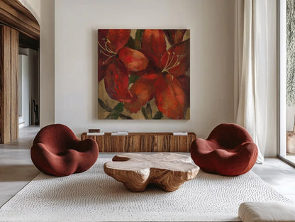 Vivid Red Lily on Gold Crop by Silvia Vassileva. Shown as extra-large giant wall art in a modern living room. Available as an archival giclee rolled canvas, fine art paper, or poster print. SKU 15040a.