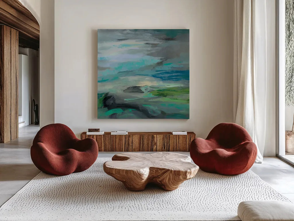 Volcano Edge by Silvia Vassileva. Shown as extra-large giant wall art in a modern living room. Available as an archival giclee rolled canvas, fine art paper, or poster print. SKU 59950a.