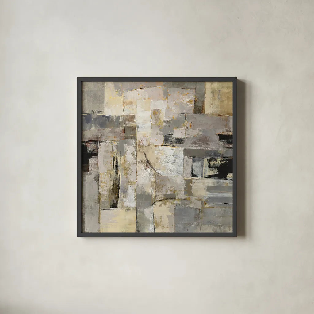 Walking Down the Street Neutral by Silvia Vassileva. Shown in a sleek black glass frame for a contemporary gallery look. Available as an archival giclee rolled canvas, fine art paper, or poster print. SKU 15007a.