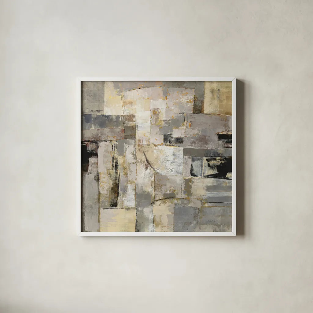 Walking Down the Street Neutral by Silvia Vassileva. Shown in a crisp white glass frame for a clean and minimalist style. Available as an archival giclee rolled canvas, fine art paper, or poster print. SKU 15007a.