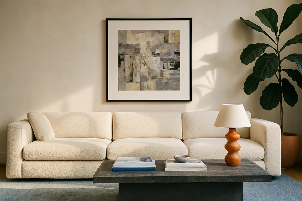 Walking Down the Street Neutral by Silvia Vassileva. Displayed in a glass frame with matte in a clean modern living room. Available as an archival giclee rolled canvas, fine art paper, or poster print. SKU 15007a.