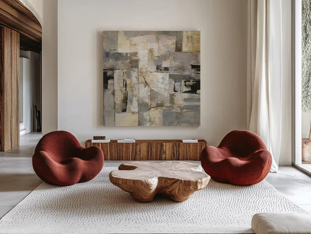 Walking Down the Street Neutral by Silvia Vassileva. Shown as extra-large giant wall art in a modern living room. Available as an archival giclee rolled canvas, fine art paper, or poster print. SKU 15007a.
