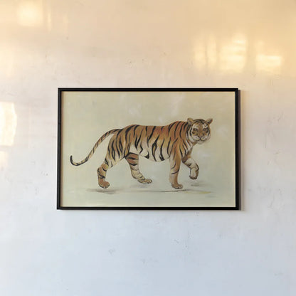 Walking Tiger by Silvia Vassileva. shown as a paper print in a black flame. Available as a archival giclee rolled canvas, fine art paper, or poster print. SKU 56801i.