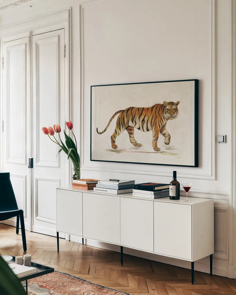 Walking Tiger Light by Silvia Vassileva. shown as a framed stretched canvas in a living room above a console. Available as a archival giclee rolled canvas, fine art paper, or poster print. SKU 57353i.