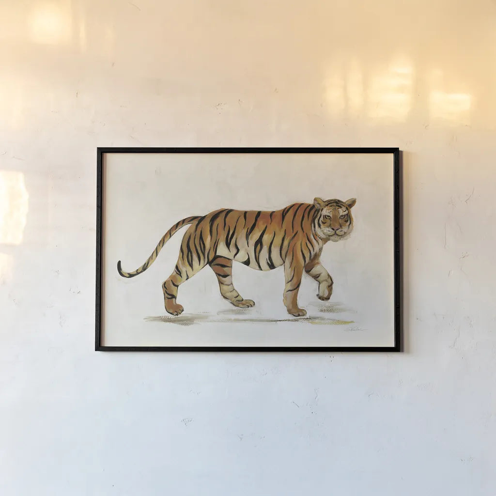 Walking Tiger Light by Silvia Vassileva. shown as a paper print in a black flame. Available as a archival giclee rolled canvas, fine art paper, or poster print. SKU 57353i.