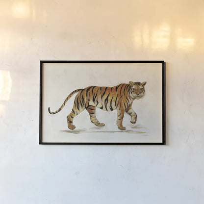 Walking Tiger Light by Silvia Vassileva. shown as a paper print in a black flame. Available as a archival giclee rolled canvas, fine art paper, or poster print. SKU 57353i.
