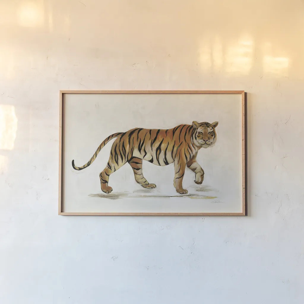 Walking Tiger Light by Silvia Vassileva. shown as a paper print in a natural frame. Available as a archival giclee rolled canvas, fine art paper, or poster print. SKU 57353i.