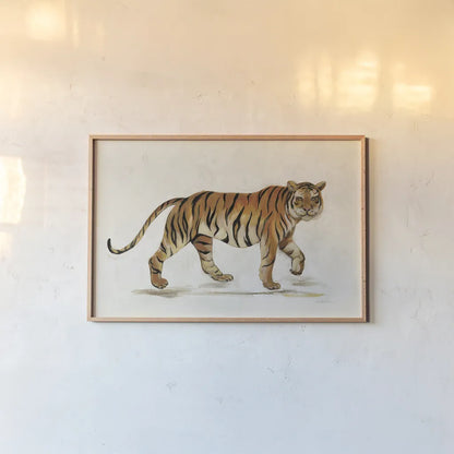 Walking Tiger Light by Silvia Vassileva. shown as a paper print in a natural frame. Available as a archival giclee rolled canvas, fine art paper, or poster print. SKU 57353i.