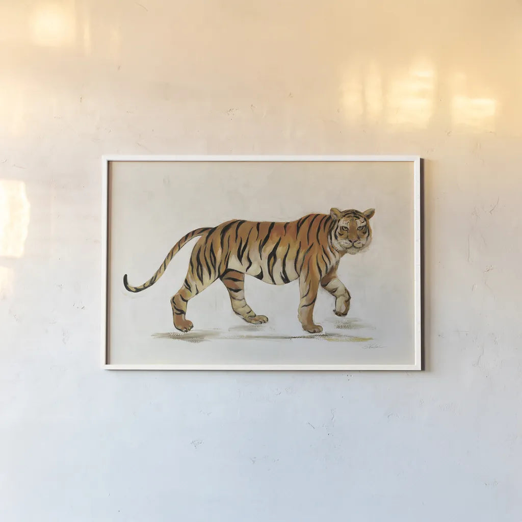 Walking Tiger Light by Silvia Vassileva. shown as a paper print in a white frame. Available as a archival giclee rolled canvas, fine art paper, or poster print. SKU 57353i.