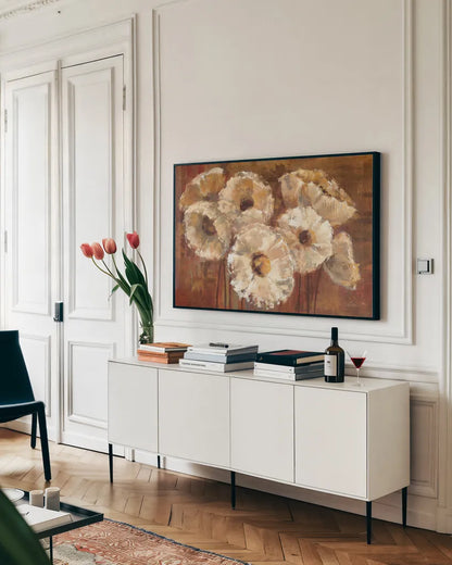 Waltzing Poppies by Silvia Vassileva. shown as a framed stretched canvas in a living room above a console. Available as a archival giclee rolled canvas, fine art paper, or poster print. SKU 4100i.