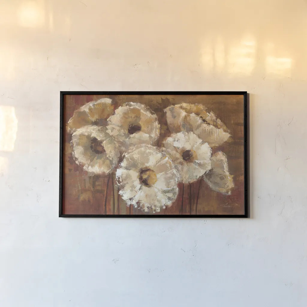 Waltzing Poppies by Silvia Vassileva. shown as a paper print in a black flame. Available as a archival giclee rolled canvas, fine art paper, or poster print. SKU 4100i.