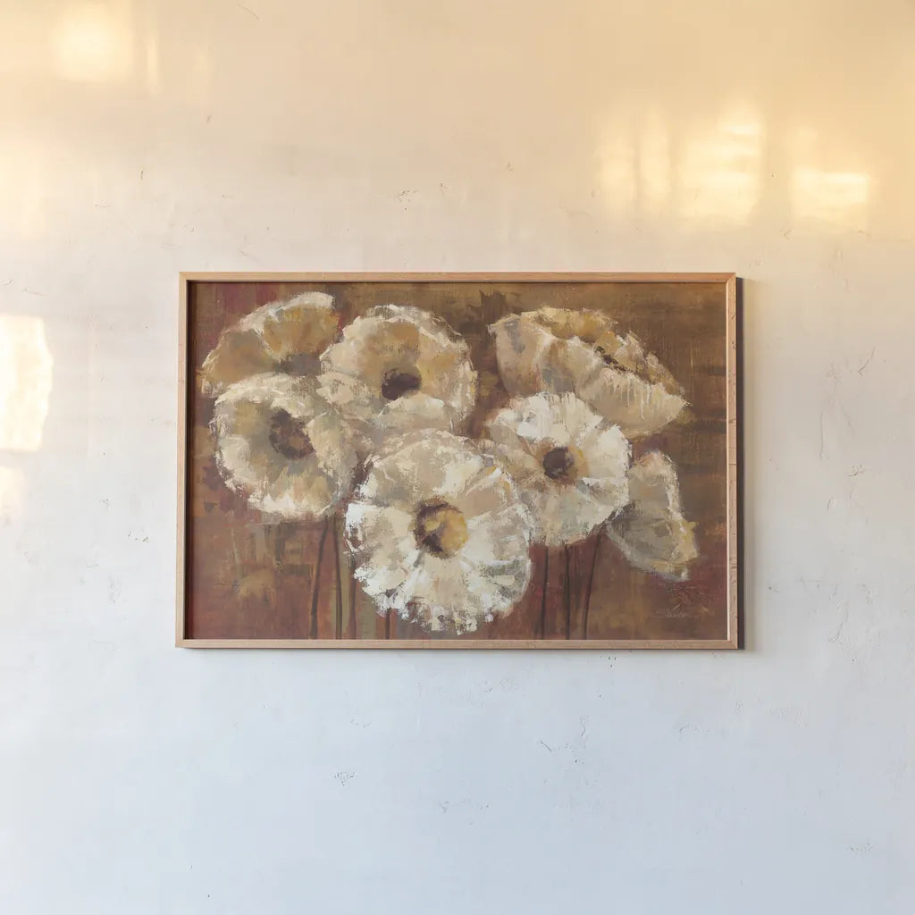 Waltzing Poppies by Silvia Vassileva. shown as a paper print in a natural frame. Available as a archival giclee rolled canvas, fine art paper, or poster print. SKU 4100i.