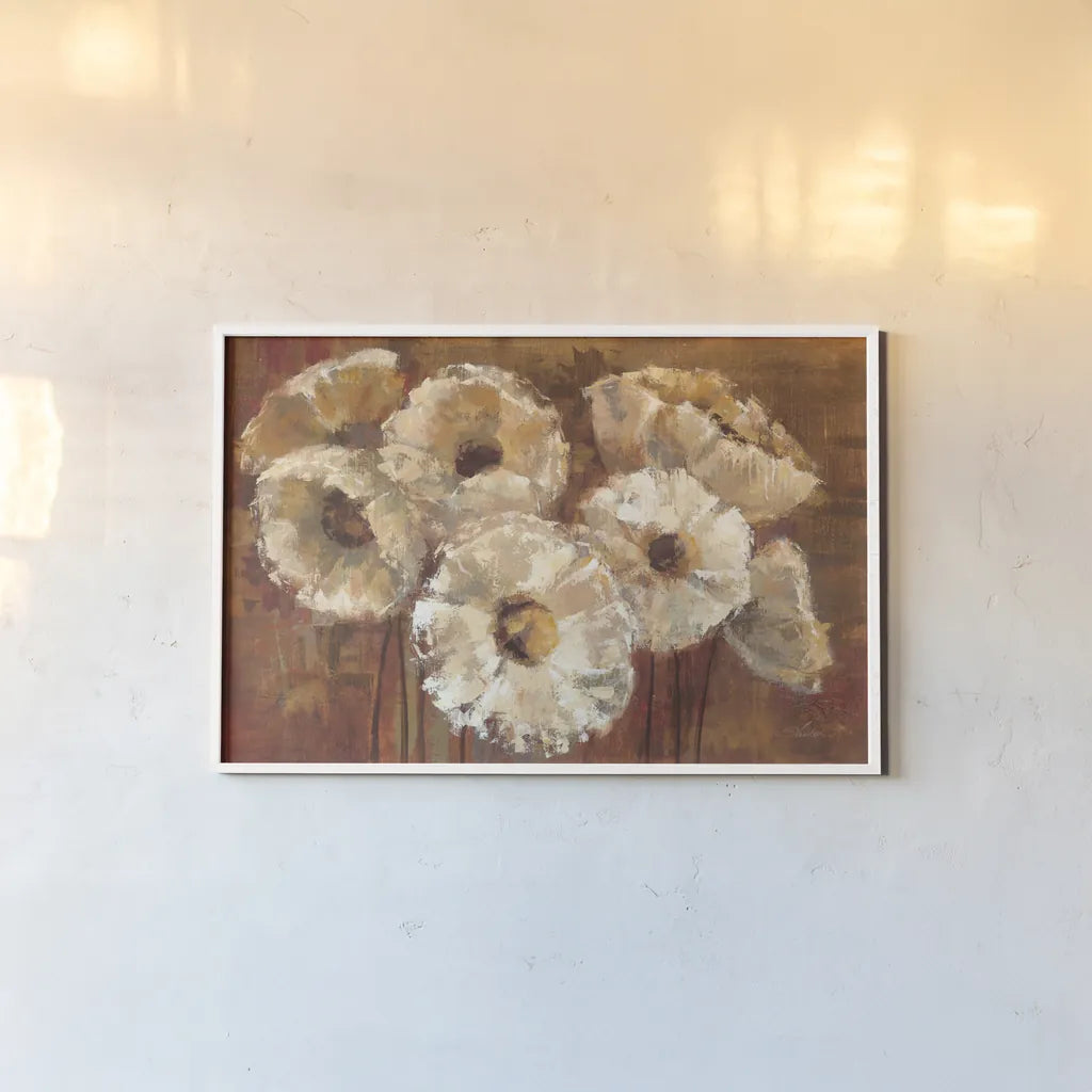 Waltzing Poppies by Silvia Vassileva. shown as a paper print in a white frame. Available as a archival giclee rolled canvas, fine art paper, or poster print. SKU 4100i.