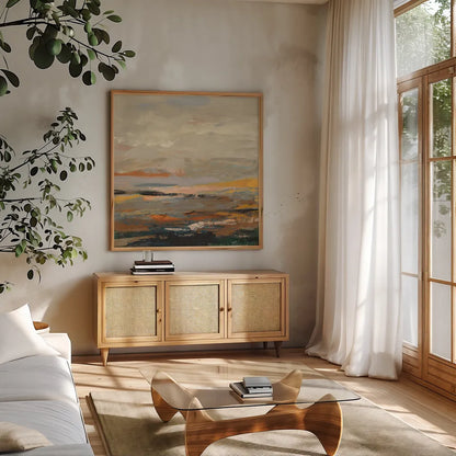 Warm Bay I by Silvia Vassileva. Shown in a natural wood frame in a cozy modern living room. Available as an archival giclee rolled canvas, fine art paper, or poster print. SKU 77079a.