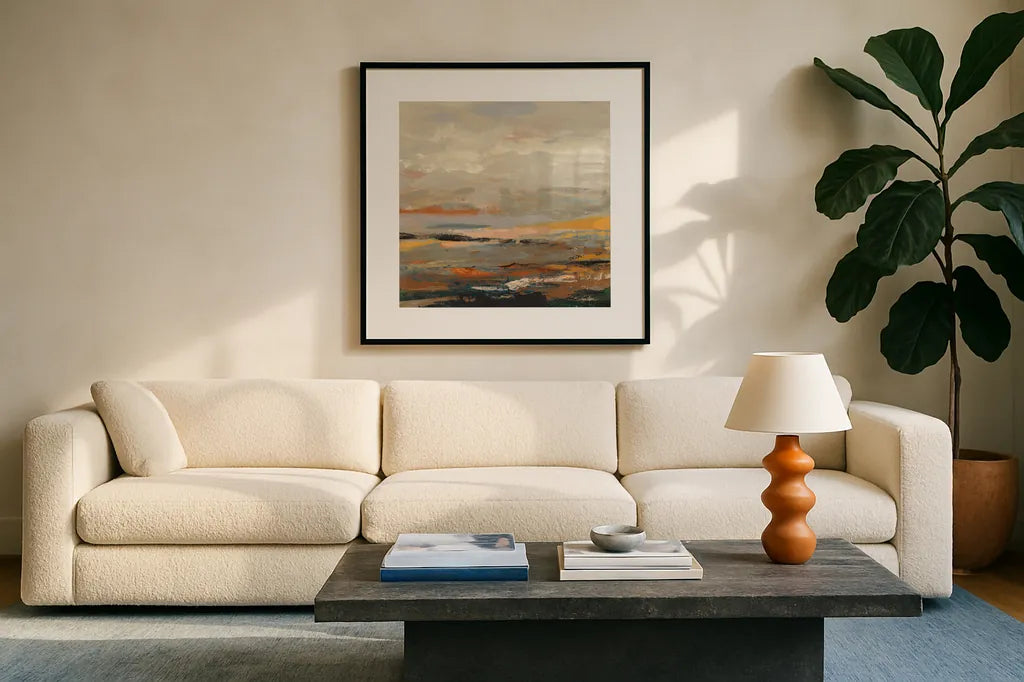Warm Bay I by Silvia Vassileva. Displayed in a glass frame with matte in a clean modern living room. Available as an archival giclee rolled canvas, fine art paper, or poster print. SKU 77079a.