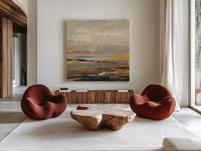 Warm Bay I by Silvia Vassileva. Shown as extra-large giant wall art in a modern living room. Available as an archival giclee rolled canvas, fine art paper, or poster print. SKU 77079a.