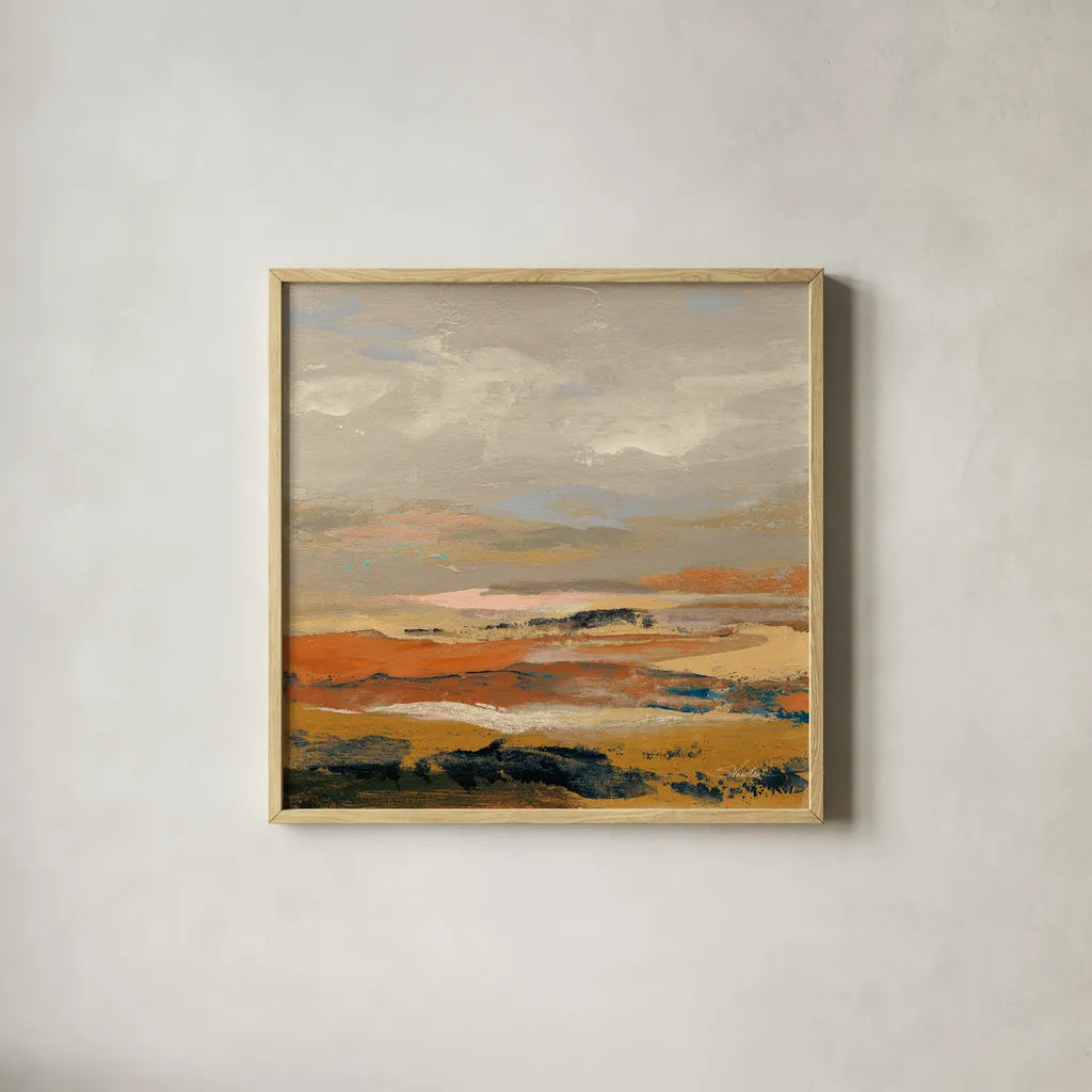 Warm Bay II by Silvia Vassileva. Shown in a natural wood glass frame for a timeless modern aesthetic. Available as an archival giclee rolled canvas, fine art paper, or poster print. SKU 77080a.