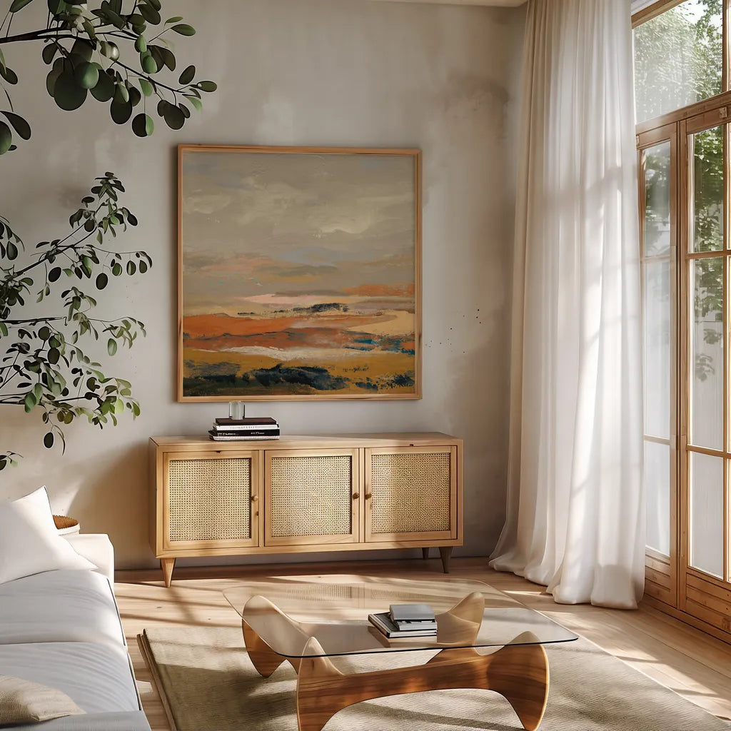 Warm Bay II by Silvia Vassileva. Shown in a natural wood frame in a cozy modern living room. Available as an archival giclee rolled canvas, fine art paper, or poster print. SKU 77080a.