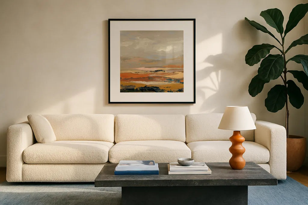 Warm Bay II by Silvia Vassileva. Displayed in a glass frame with matte in a clean modern living room. Available as an archival giclee rolled canvas, fine art paper, or poster print. SKU 77080a.