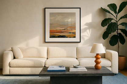 Warm Bay II by Silvia Vassileva. Displayed in a glass frame with matte in a clean modern living room. Available as an archival giclee rolled canvas, fine art paper, or poster print. SKU 77080a.