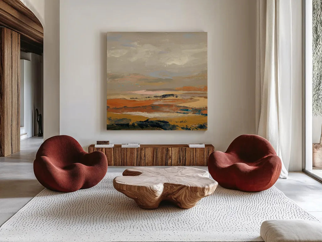Warm Bay II by Silvia Vassileva. Shown as extra-large giant wall art in a modern living room. Available as an archival giclee rolled canvas, fine art paper, or poster print. SKU 77080a.