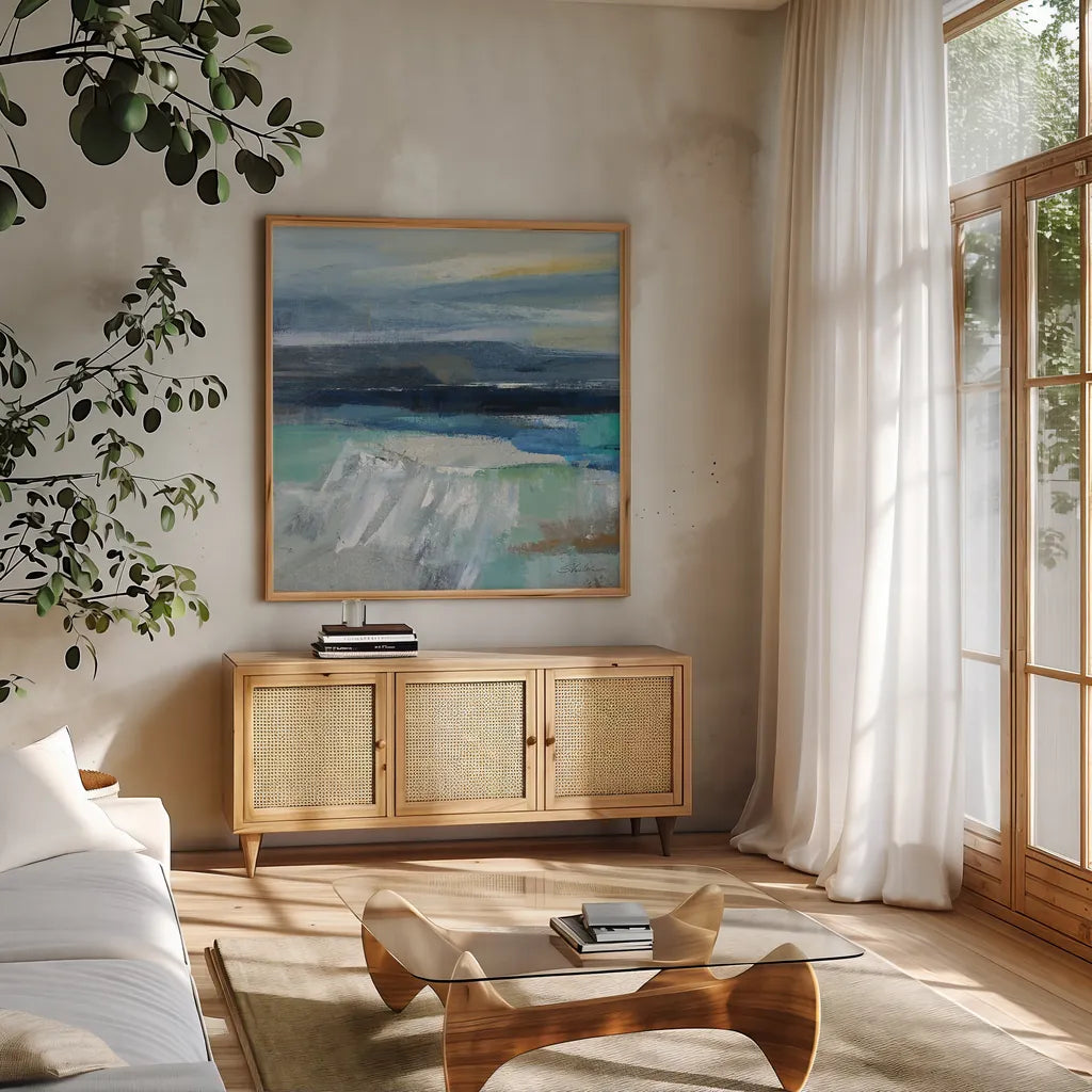 Wave Crop I by Silvia Vassileva. Shown in a natural wood frame in a cozy modern living room. Available as an archival giclee rolled canvas, fine art paper, or poster print. SKU 16973a.