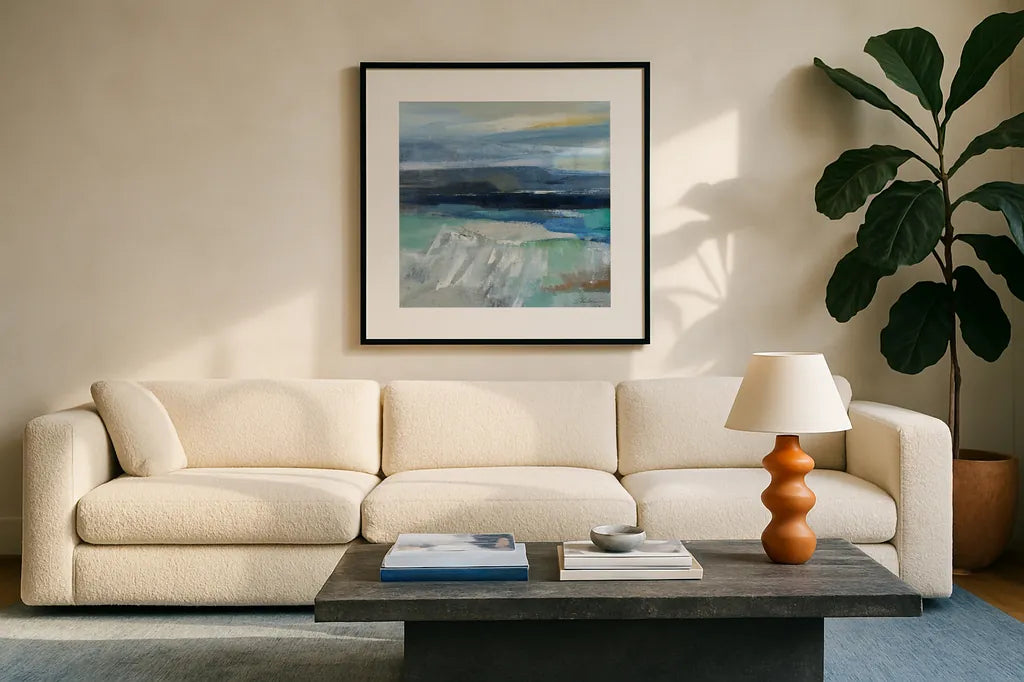 Wave Crop I by Silvia Vassileva. Displayed in a glass frame with matte in a clean modern living room. Available as an archival giclee rolled canvas, fine art paper, or poster print. SKU 16973a.