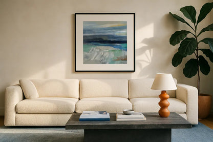 Wave Crop I by Silvia Vassileva. Displayed in a glass frame with matte in a clean modern living room. Available as an archival giclee rolled canvas, fine art paper, or poster print. SKU 16973a.