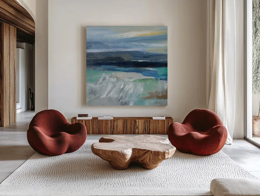Wave Crop I by Silvia Vassileva. Shown as extra-large giant wall art in a modern living room. Available as an archival giclee rolled canvas, fine art paper, or poster print. SKU 16973a.