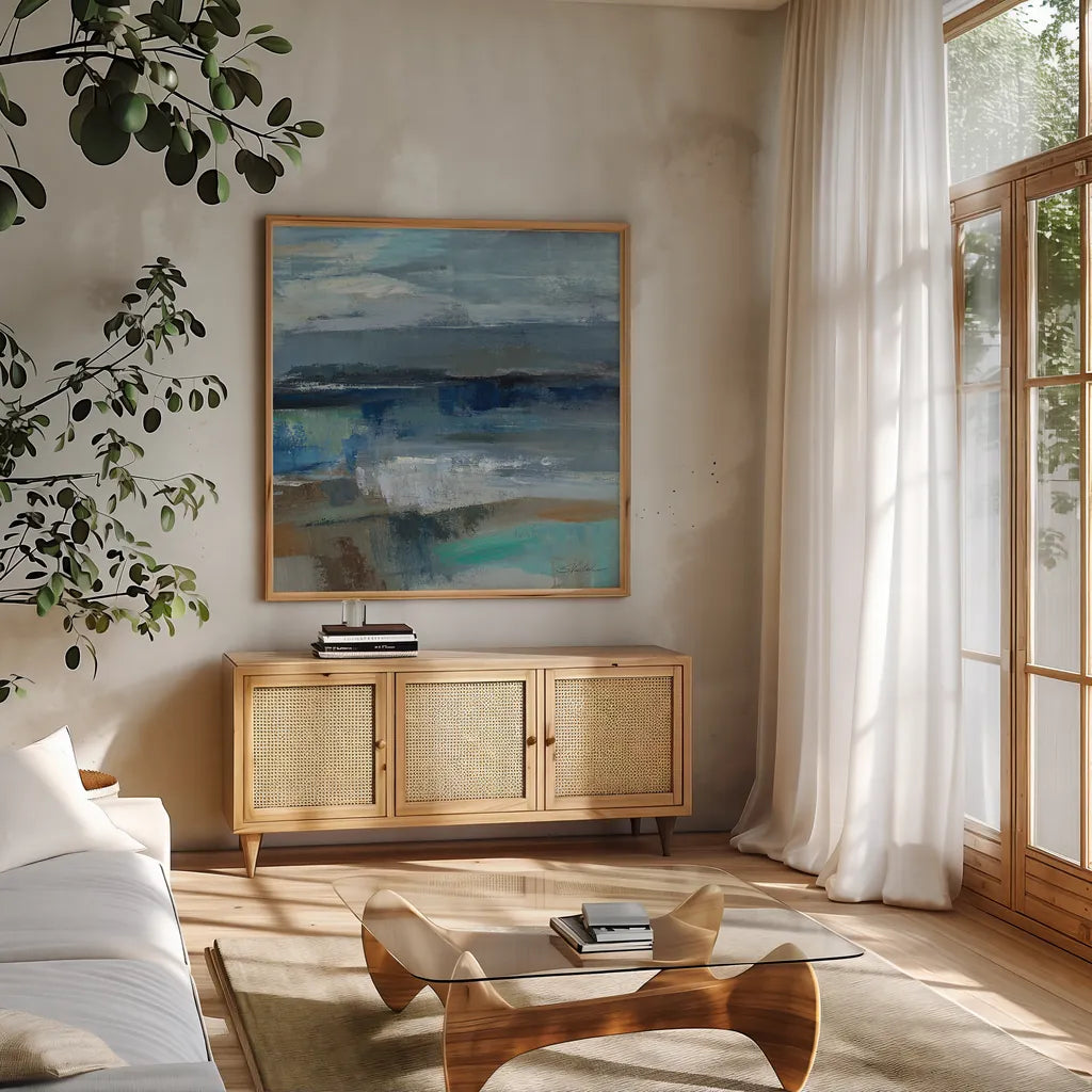 Wave Crop II by Silvia Vassileva. Shown in a natural wood frame in a cozy modern living room. Available as an archival giclee rolled canvas, fine art paper, or poster print. SKU 16974a.