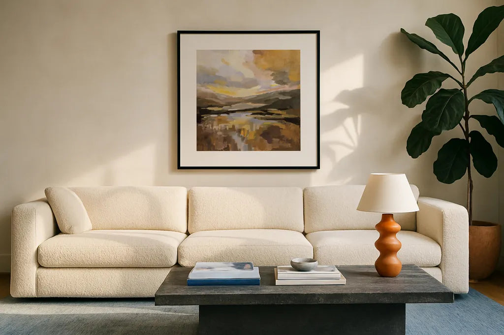 Western Sky by Silvia Vassileva. Displayed in a glass frame with matte in a clean modern living room. Available as an archival giclee rolled canvas, fine art paper, or poster print. SKU 83537a.
