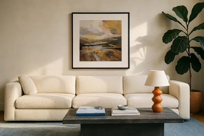 Western Sky by Silvia Vassileva. Displayed in a glass frame with matte in a clean modern living room. Available as an archival giclee rolled canvas, fine art paper, or poster print. SKU 83537a.