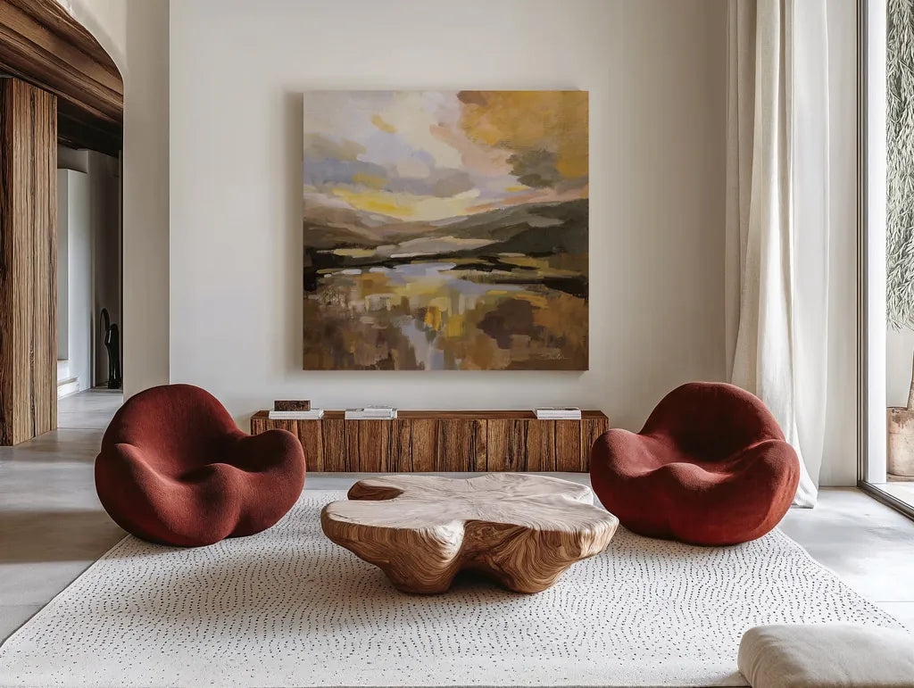 Western Sky by Silvia Vassileva. Shown as extra-large giant wall art in a modern living room. Available as an archival giclee rolled canvas, fine art paper, or poster print. SKU 83537a.