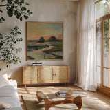 Westlake View by Silvia Vassileva. Shown in a natural wood frame in a cozy modern living room. Available as an archival giclee rolled canvas, fine art paper, or poster print. SKU 103528a.
