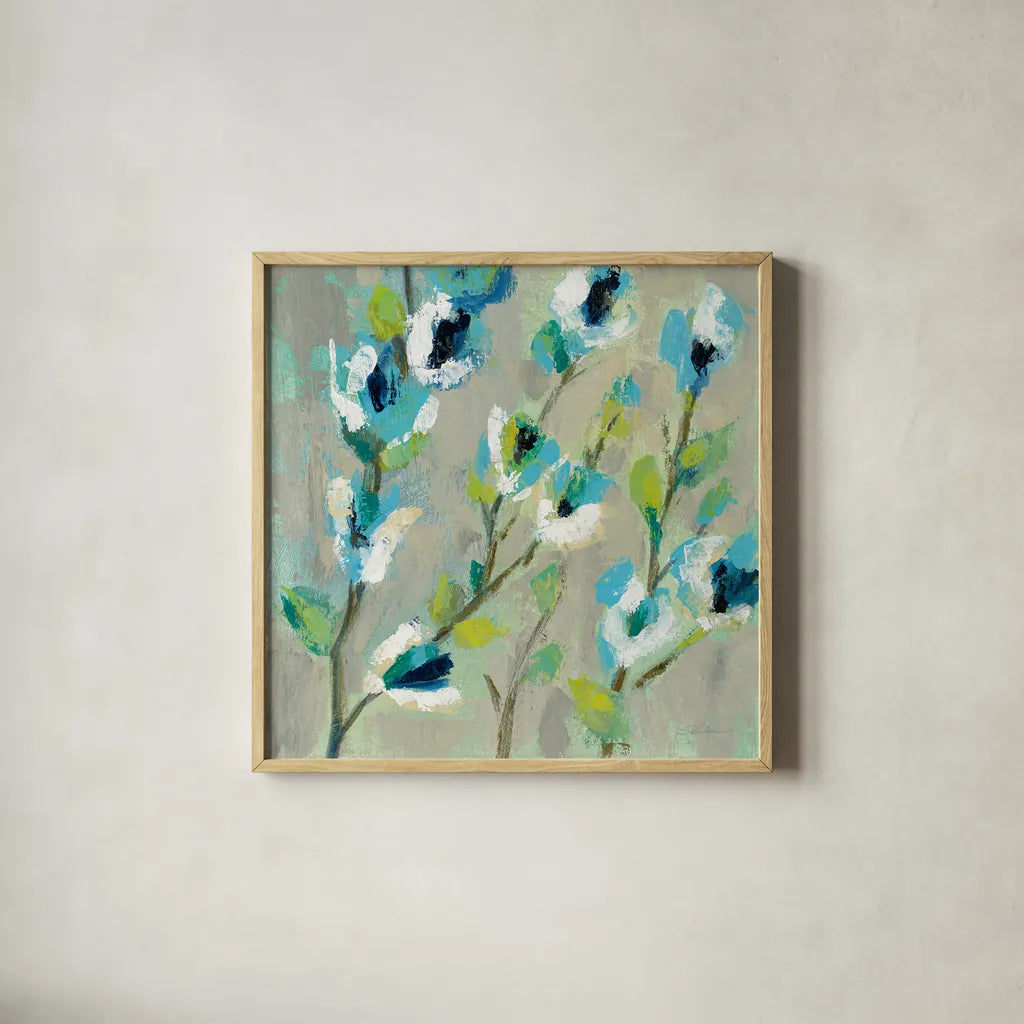 Whimsical Branch I by Silvia Vassileva. Shown in a natural wood glass frame for a timeless modern aesthetic. Available as an archival giclee rolled canvas, fine art paper, or poster print. SKU 53708a.