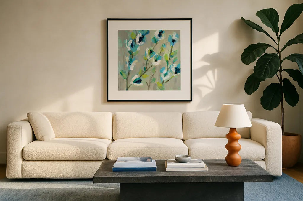 Whimsical Branch I by Silvia Vassileva. Displayed in a glass frame with matte in a clean modern living room. Available as an archival giclee rolled canvas, fine art paper, or poster print. SKU 53708a.
