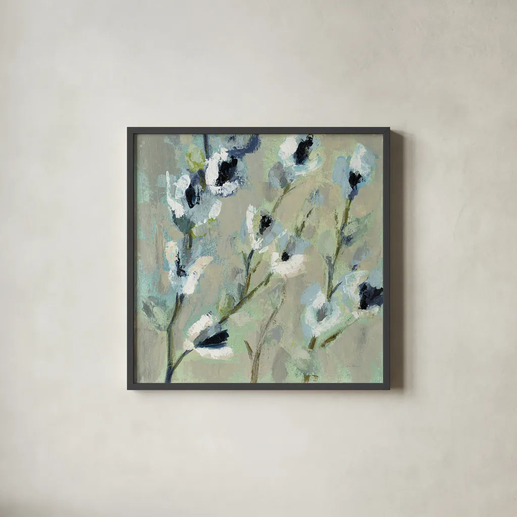 Whimsical Branch I Cool by Silvia Vassileva. Shown in a sleek black glass frame for a contemporary gallery look. Available as an archival giclee rolled canvas, fine art paper, or poster print. SKU 56949a.