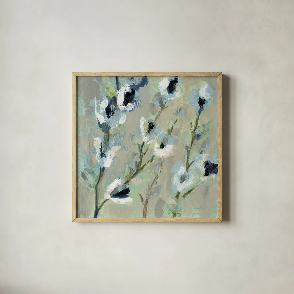 Whimsical Branch I Cool by Silvia Vassileva. Shown in a natural wood glass frame for a timeless modern aesthetic. Available as an archival giclee rolled canvas, fine art paper, or poster print. SKU 56949a.