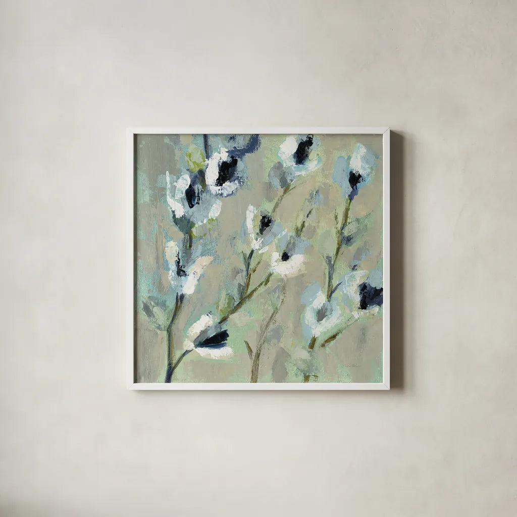 Whimsical Branch I Cool by Silvia Vassileva. Shown in a crisp white glass frame for a clean and minimalist style. Available as an archival giclee rolled canvas, fine art paper, or poster print. SKU 56949a.