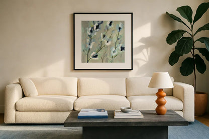 Whimsical Branch I Cool by Silvia Vassileva. Displayed in a glass frame with matte in a clean modern living room. Available as an archival giclee rolled canvas, fine art paper, or poster print. SKU 56949a.