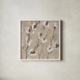 Whimsical Branch I Neutral by Silvia Vassileva. Shown in a crisp white glass frame for a clean and minimalist style. Available as an archival giclee rolled canvas, fine art paper, or poster print. SKU 89255a.