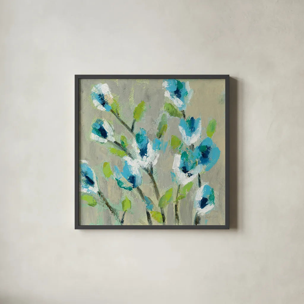 Whimsical Branch II by Silvia Vassileva. Shown in a sleek black glass frame for a contemporary gallery look. Available as an archival giclee rolled canvas, fine art paper, or poster print. SKU 53709a.